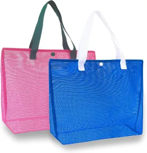 2Pack Large lightweight Simple Mesh Beach Tote Bag With snap Button Reusable Pool Bag for Outdoor Travel Shopping Gym