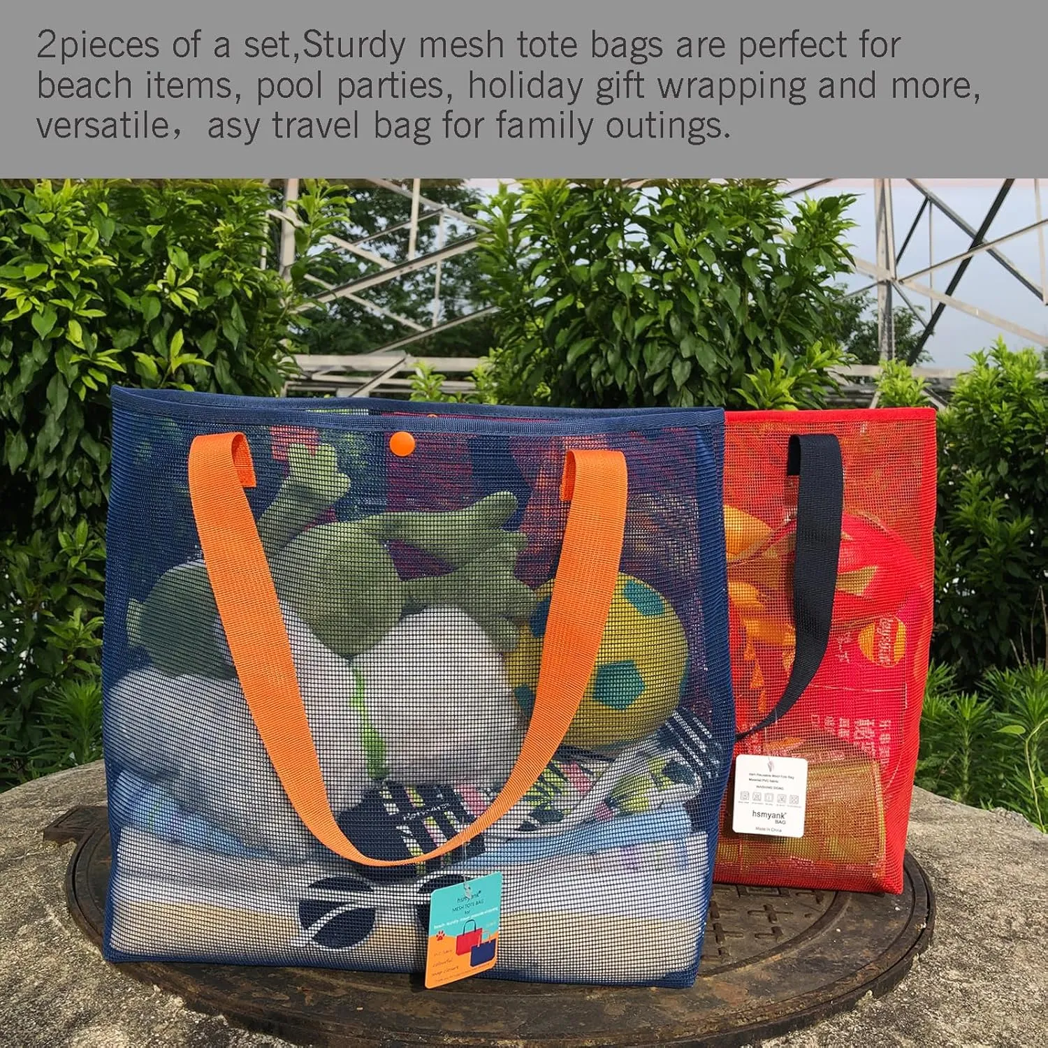 2Pack Large lightweight Simple Mesh Beach Tote Bag With snap Button Reusable Pool Bag for Outdoor Travel Shopping Gym