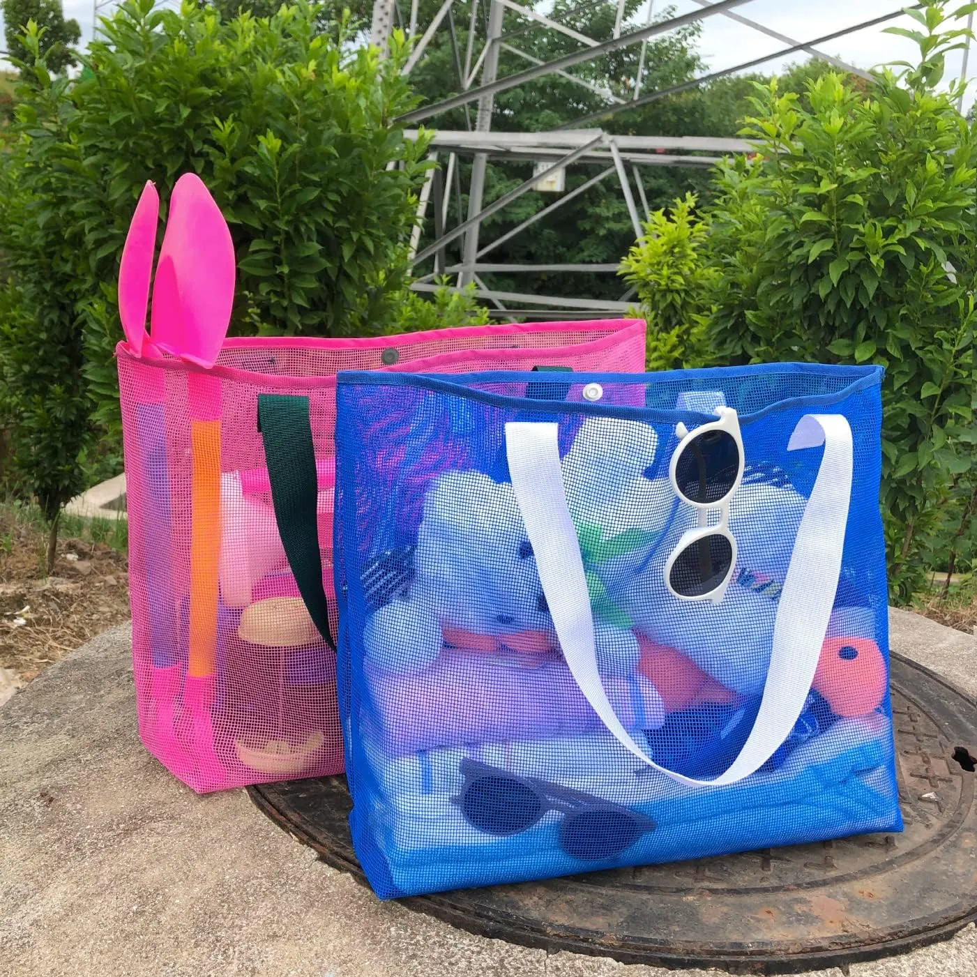 2Pack Large lightweight Simple Mesh Beach Tote Bag With snap Button Reusable Pool Bag for Outdoor Travel Shopping Gym