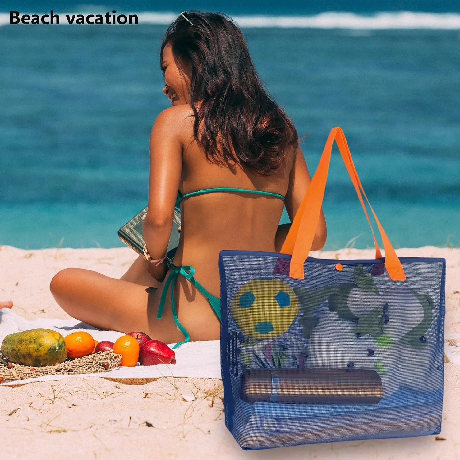 2Pack Large lightweight Simple Mesh Beach Tote Bag With snap Button Reusable Pool Bag for Outdoor Travel Shopping Gym