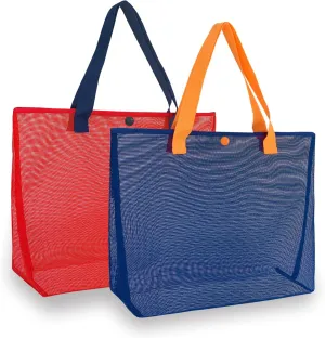 2Pack Large lightweight Simple Mesh Beach Tote Bag With snap Button Reusable Pool Bag for Outdoor Travel Shopping Gym