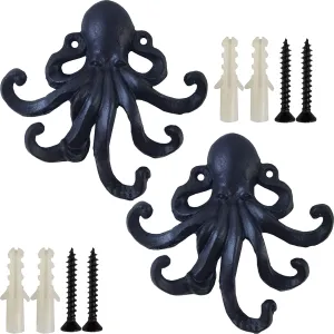 2PCS 6Inch Cast Iron Octopus Decorative Coat Hook - Wall Mounted Nautical Hand Towel Rack Holder with Screws, Rustic Metal Clothing Hanger for Bedroom/Bathroom/Kitchen/Balcony