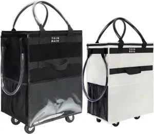 2PCS (Black-Large, Beige-Small) Reusable Grocery Bag On Wheels, Shopping Cart