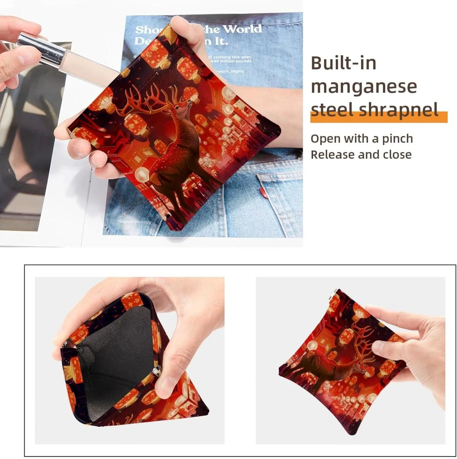2Pcs Faux Leather Makeup Bag for Purse, Small Makeup Pouch for Purse, Portable Travel Makeup Bag for Women, Shrapnel Closure Jewelry Storage Bag, Christmas Elk New Year
