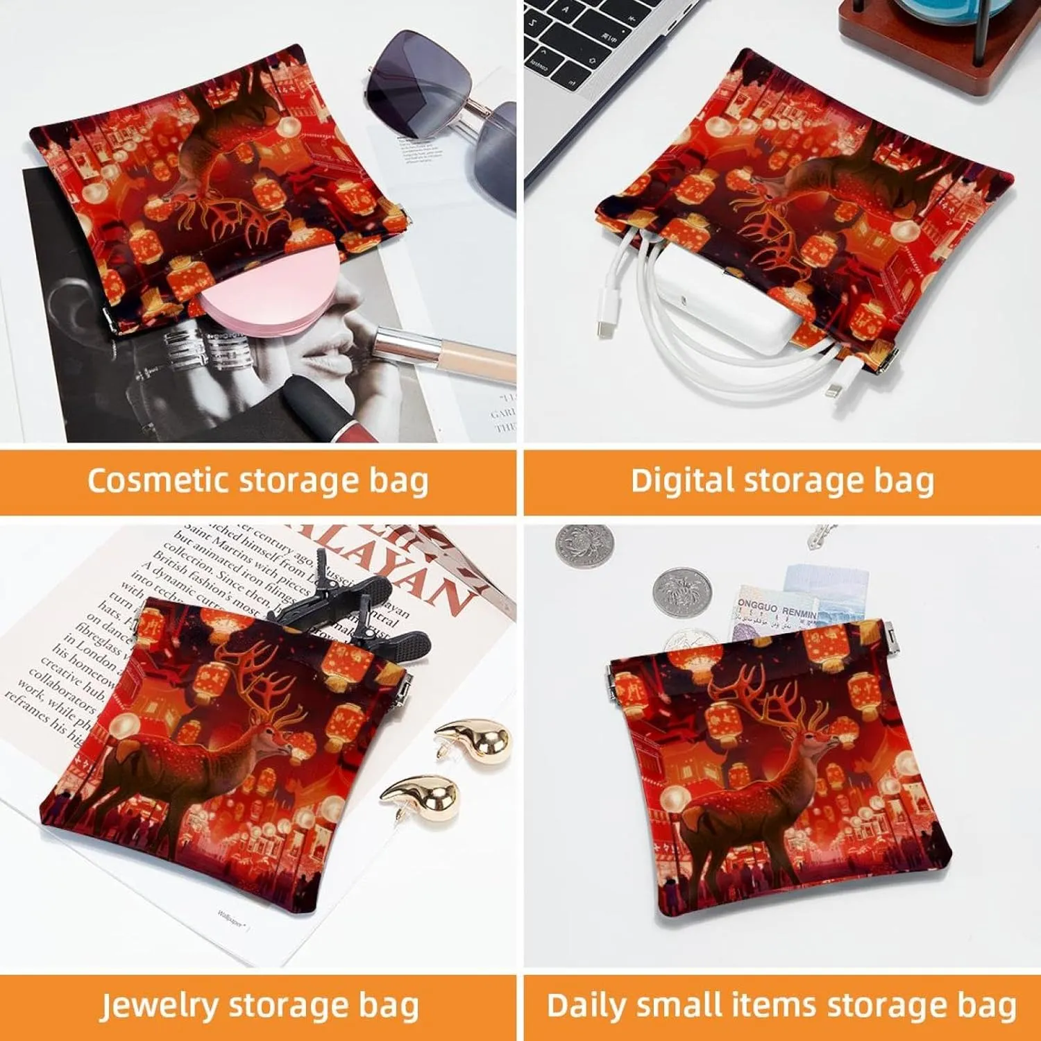 2Pcs Faux Leather Makeup Bag for Purse, Small Makeup Pouch for Purse, Portable Travel Makeup Bag for Women, Shrapnel Closure Jewelry Storage Bag, Christmas Elk New Year