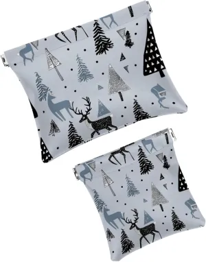 2Pcs Faux Leather Makeup Bag for Purse, Small Travel Kit Storage Pouch, Waterproof Mini Bag Purse, Multi-functional Shrapnel Storage Bag, Modern Abstract Forest Elk Tree Animal