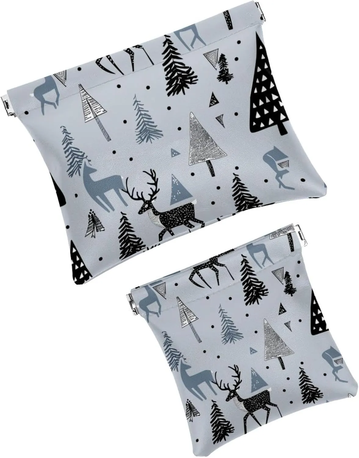 2Pcs Faux Leather Makeup Bag for Purse, Small Travel Kit Storage Pouch, Waterproof Mini Bag Purse, Multi-functional Shrapnel Storage Bag, Modern Abstract Forest Elk Tree Animal
