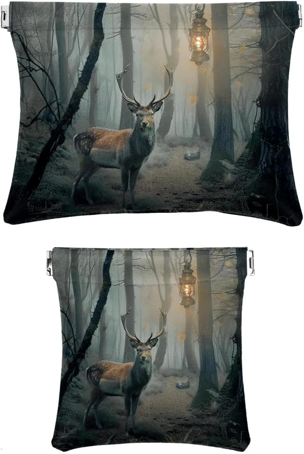2Pcs Faux Leather Makeup Bag Set, Small Makeup Bag for Purse, Self-Closing Makeup Pouch for Women, Multifunctional Travel Storage Bag, Forest Elk Fairytale
