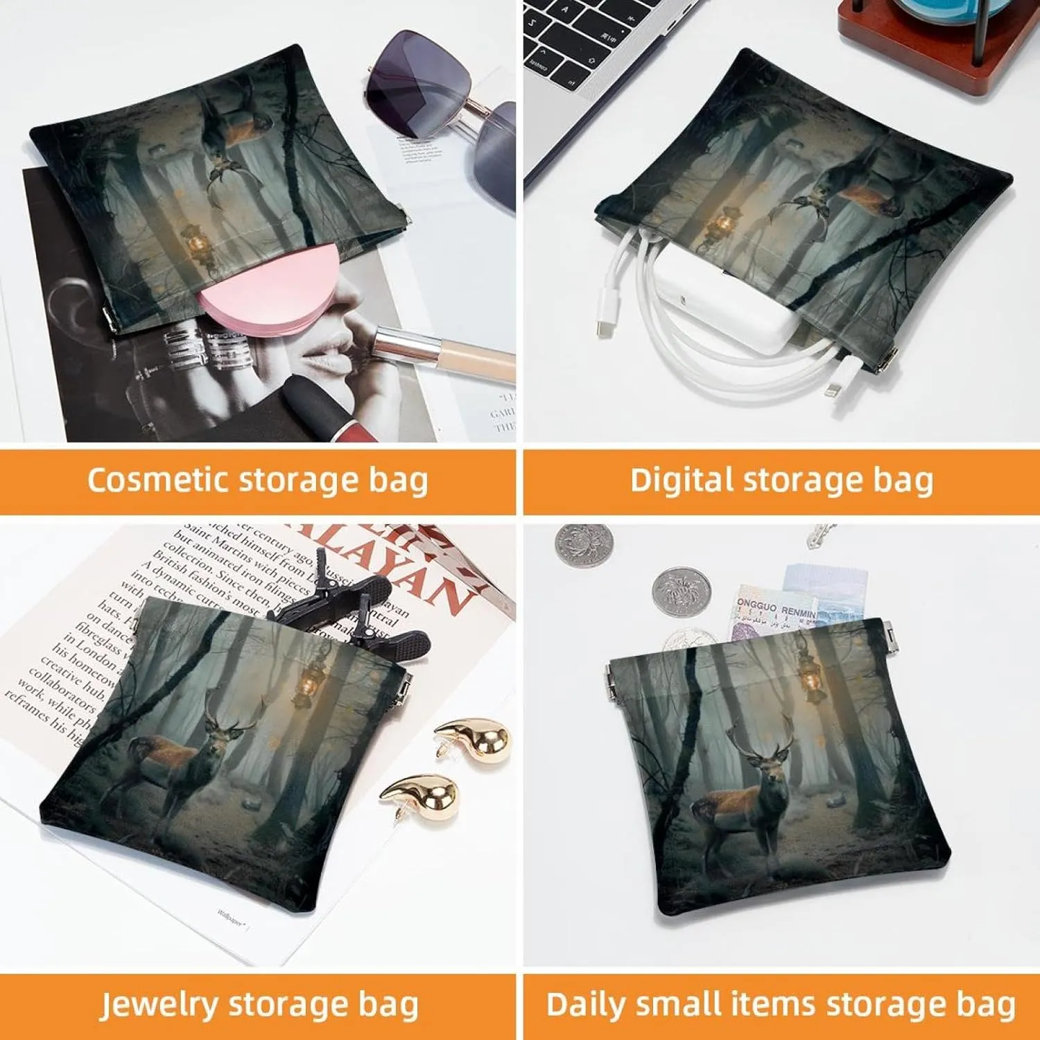 2Pcs Faux Leather Makeup Bag Set, Small Makeup Bag for Purse, Self-Closing Makeup Pouch for Women, Multifunctional Travel Storage Bag, Forest Elk Fairytale