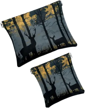 2Pcs Faux Leather Makeup Bag Set, Small Makeup Pouch for Purse, Mini Portable Cosmetic Bags for Women, Travel Makeup Bag for Cosmetics Jewelry, Forest Elk Animal