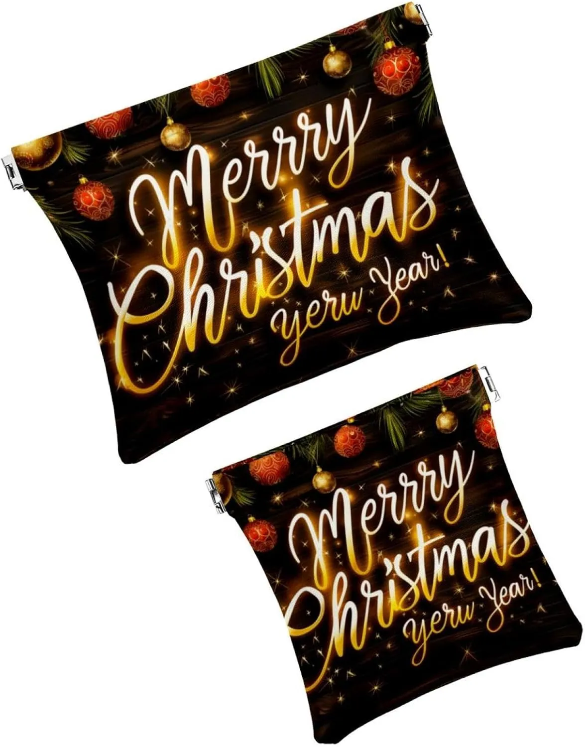 2Pcs Faux Leather Makeup Bag Set, Small Makeup Pouch for Purse, Portable No Zipper Makeup Pouch, Travel Makeup Bag for Cosmetics Jewelry, Christmas Decorative Snowflake