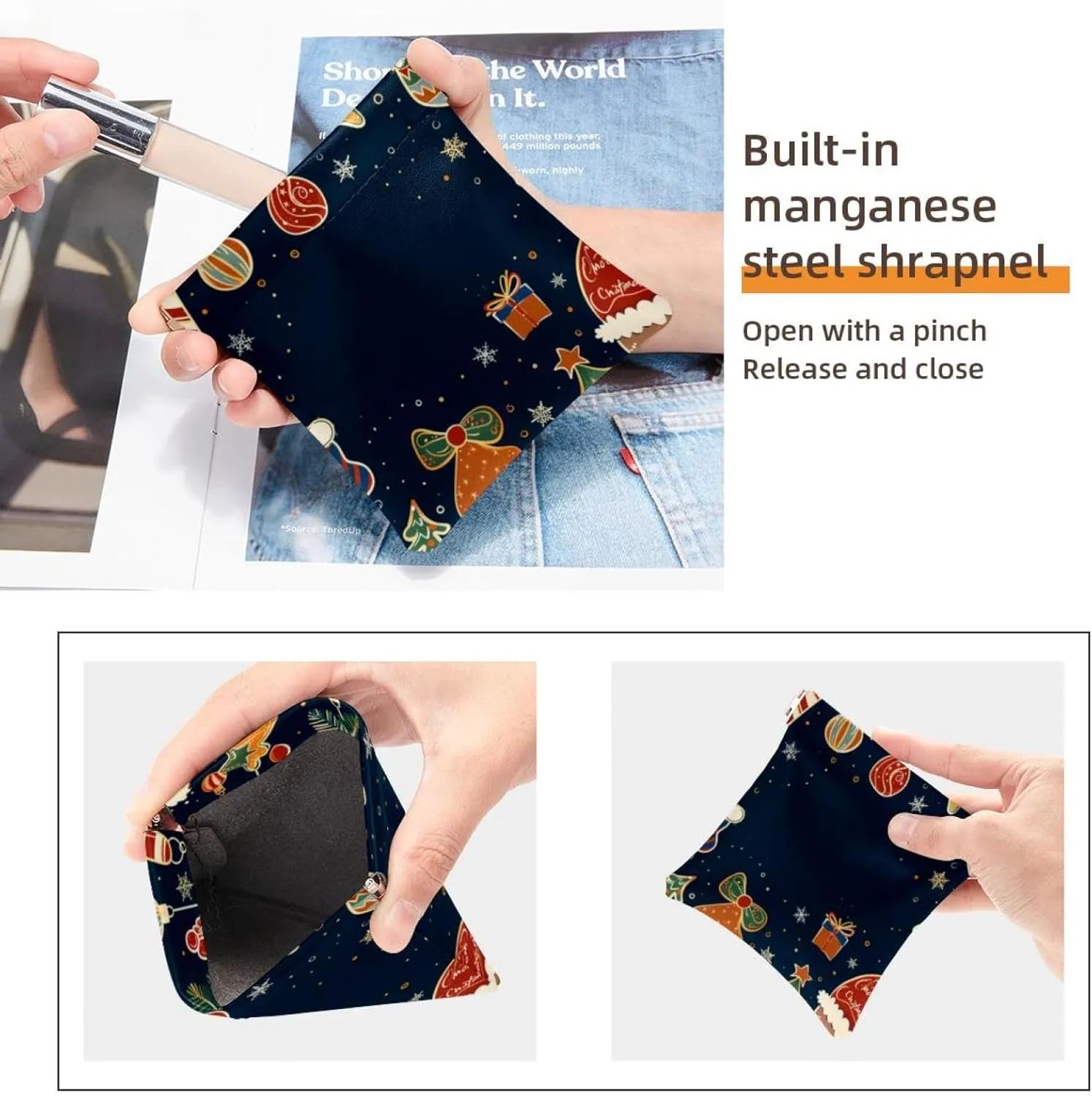 2Pcs Faux Leather Makeup Bag Set, Small Storage Bags for Purses, Waterproof Mini Bag Purse, Portable Squeeze Top Cosmetic Bag, Christmas Elk Santa Claus Cartoon