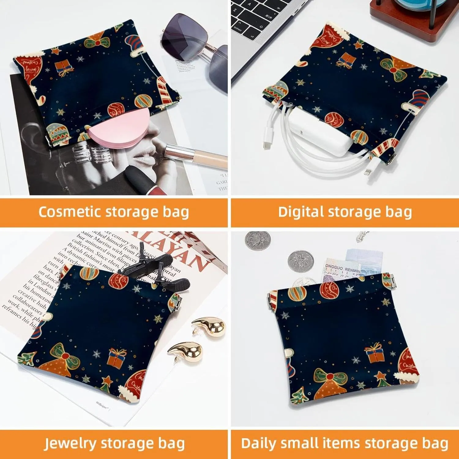 2Pcs Faux Leather Makeup Bag Set, Small Storage Bags for Purses, Waterproof Mini Bag Purse, Portable Squeeze Top Cosmetic Bag, Christmas Elk Santa Claus Cartoon