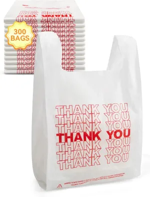 300 Count Thank You Plastic Bags with Handles, 12" x 6" x 22", 15 Mic White Grocery Bags - Ideal for Grocery Stores, Retail, Restaurants, and Takeout
