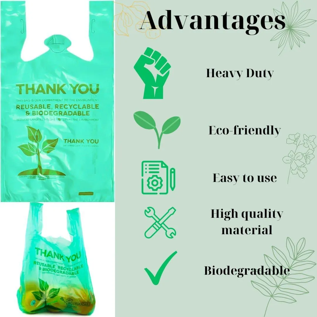 300 Pcs Biodegradable Bags 22" x 12" Plastic Green Bags with Handles T-Shirt Bags Thank You Bags Eco Friendly Bags Bio Bags Carry Out Great for Supermarket Groceries Trash Retail Restaurant To Go
