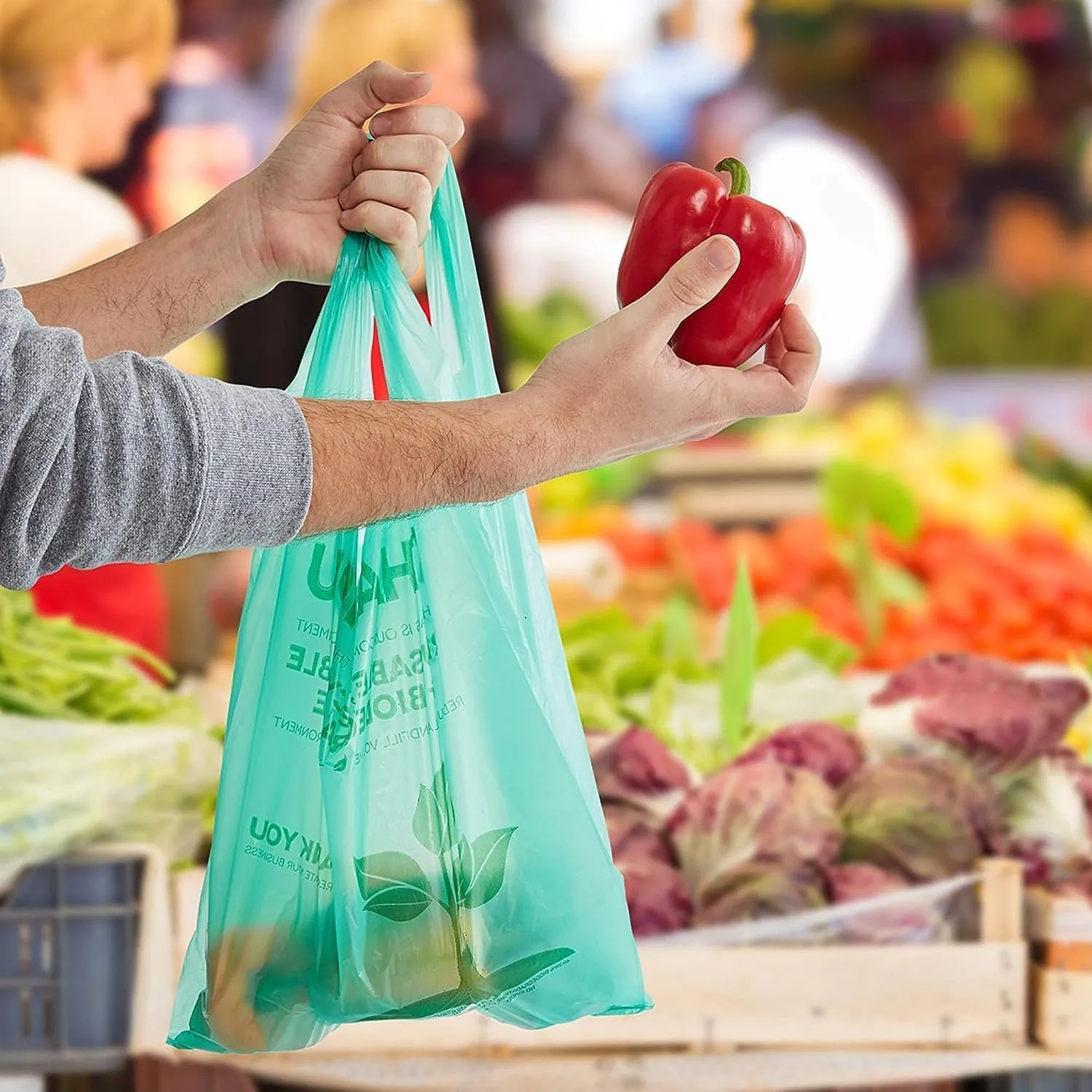 300 Pcs Biodegradable Bags 22" x 12" Plastic Green Bags with Handles T-Shirt Bags Thank You Bags Eco Friendly Bags Bio Bags Carry Out Great for Supermarket Groceries Trash Retail Restaurant To Go