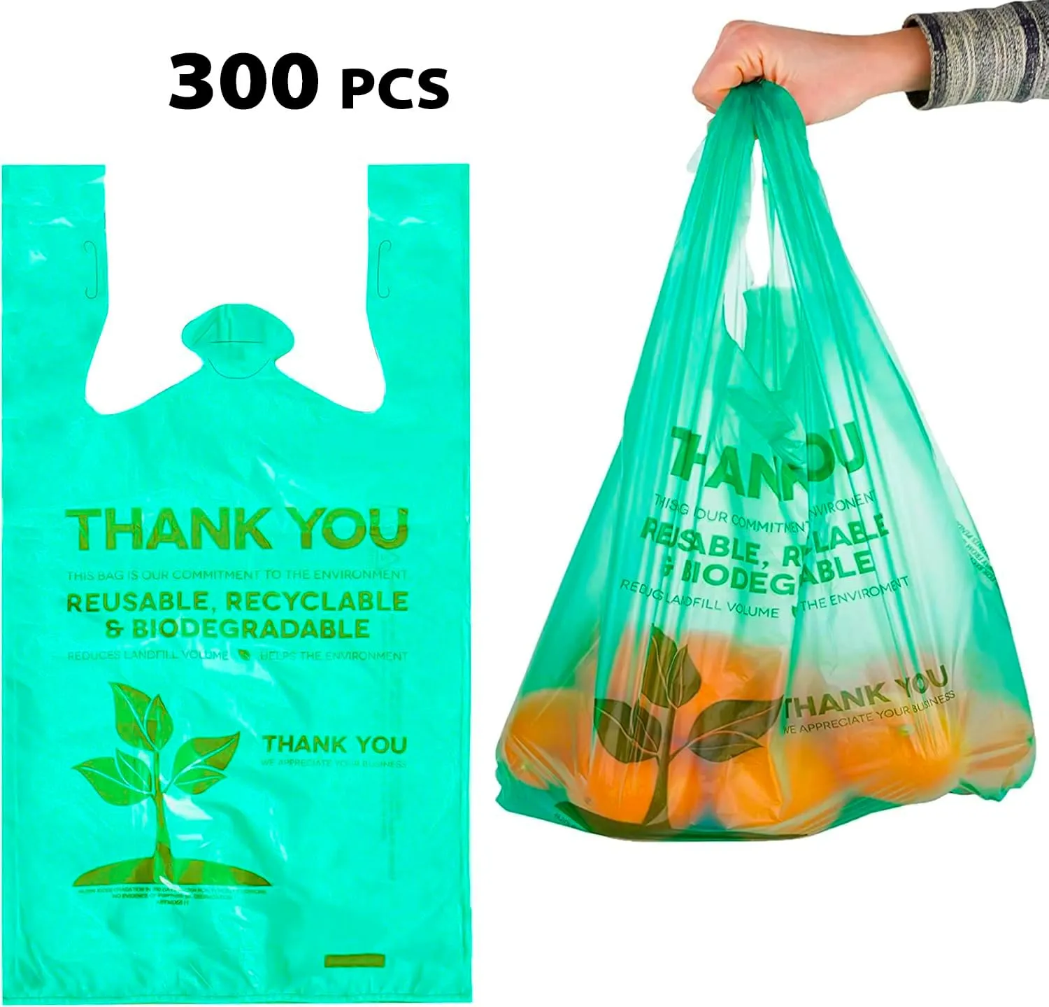 300 Pcs Biodegradable Bags 22" x 12" Plastic Green Bags with Handles T-Shirt Bags Thank You Bags Eco Friendly Bags Bio Bags Carry Out Great for Supermarket Groceries Trash Retail Restaurant To Go