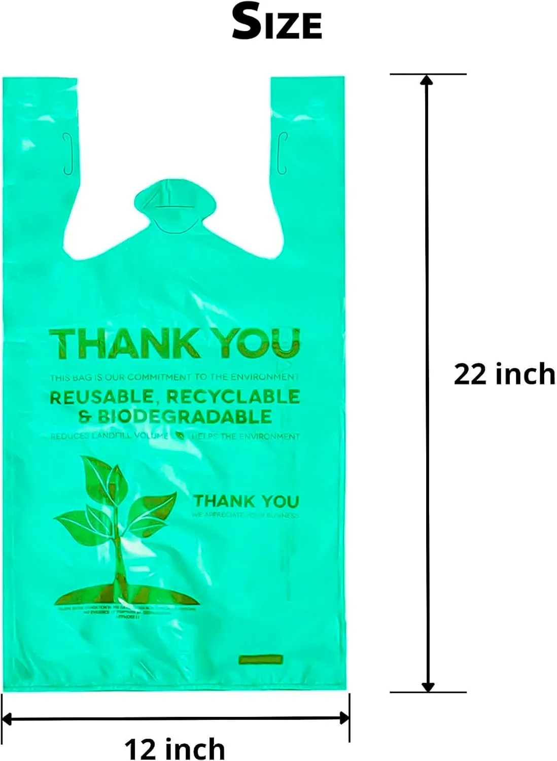 300 Pcs Biodegradable Bags 22" x 12" Plastic Green Bags with Handles T-Shirt Bags Thank You Bags Eco Friendly Bags Bio Bags Carry Out Great for Supermarket Groceries Trash Retail Restaurant To Go