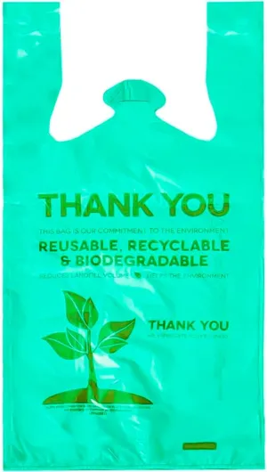 300 Pcs Biodegradable Bags 22" x 12" Plastic Green Bags with Handles T-Shirt Bags Thank You Bags Eco Friendly Bags Bio Bags Carry Out Great for Supermarket Groceries Trash Retail Restaurant To Go