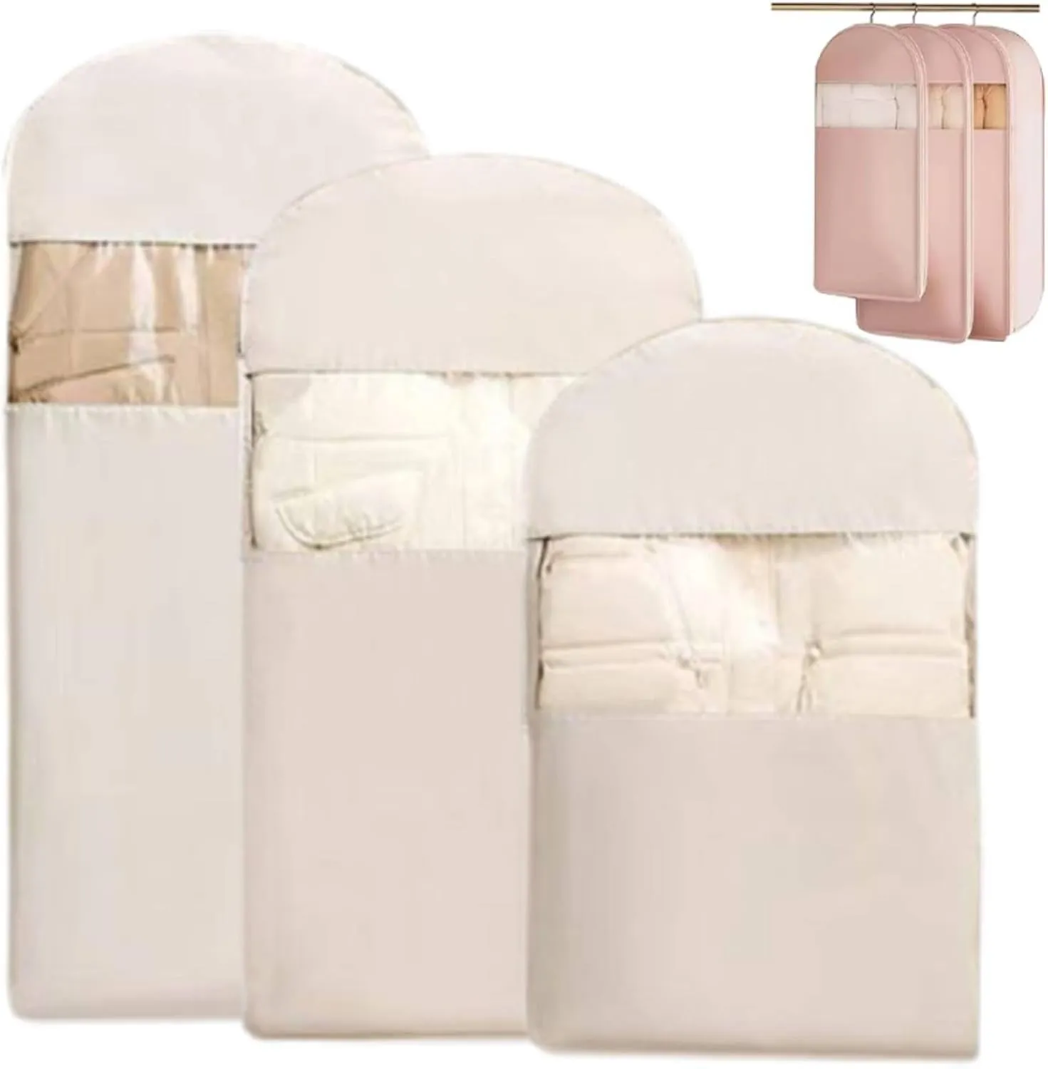 3Pcs Space Saving Hanging Garment Bag with Self Compression Zipper,Space Saver Closet Organizers,Dust Cover Clothes Bags for Down Coat,Self Compression Zip Garment Bags,Protects Clothes from Wrinkles