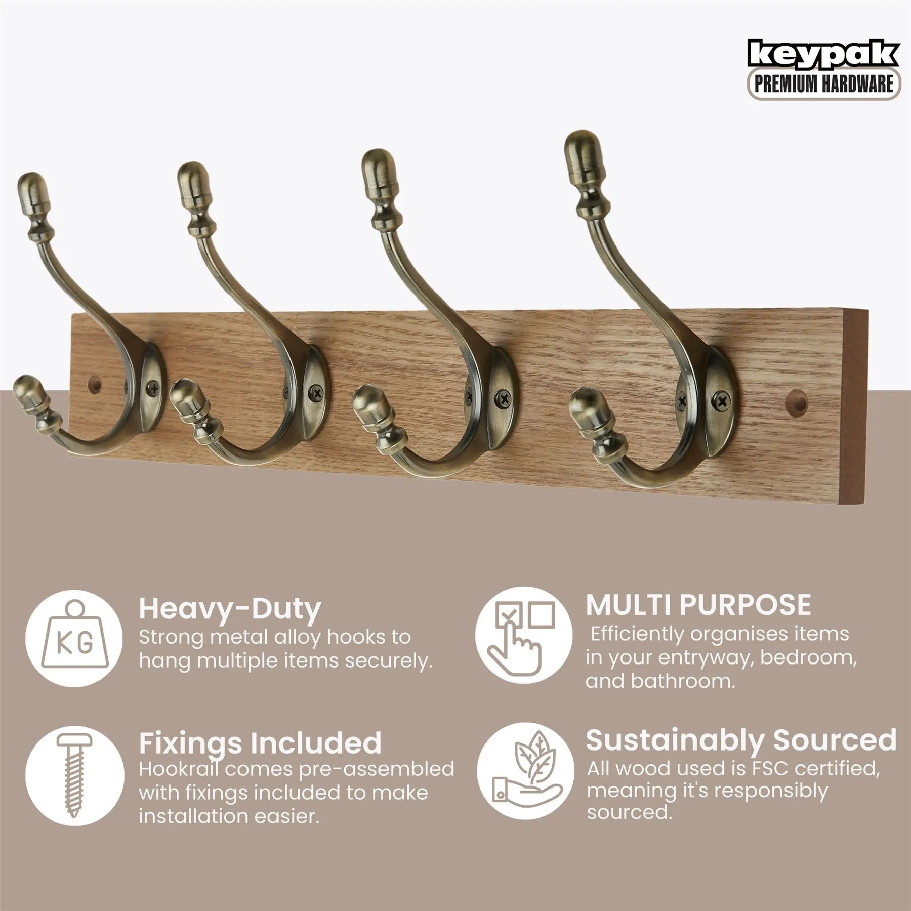 4 Antique Brass Deco Hooks on Light Rustic Wooden Board