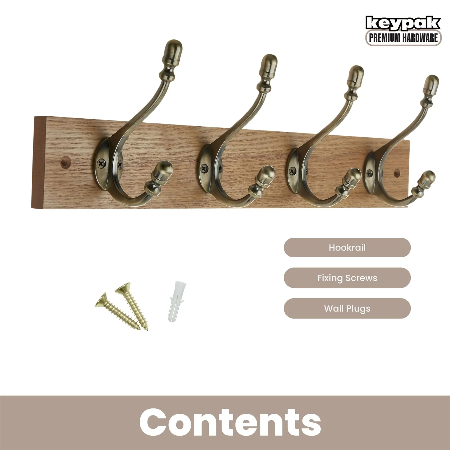 4 Antique Brass Deco Hooks on Light Rustic Wooden Board