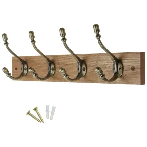 4 Antique Brass Deco Hooks on Light Rustic Wooden Board