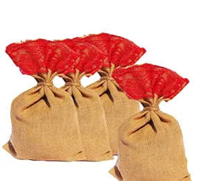 4 Pack -Burlap Bags - Large Bag red Ribbon Mouth, 13-14 inch by 27 inch, Wedding Party Favor Gift Bags.