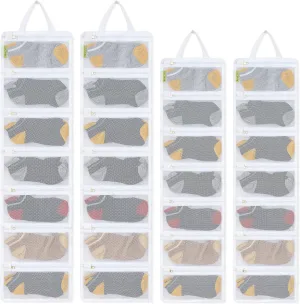 4 Pcs Sock Laundry Bag, Socks Organizer Mesh Bags for Washing Machine, Large Wash Bag Hanging for Stocking Socks, Travel Organizer for Adults & Children, 28 Pockets