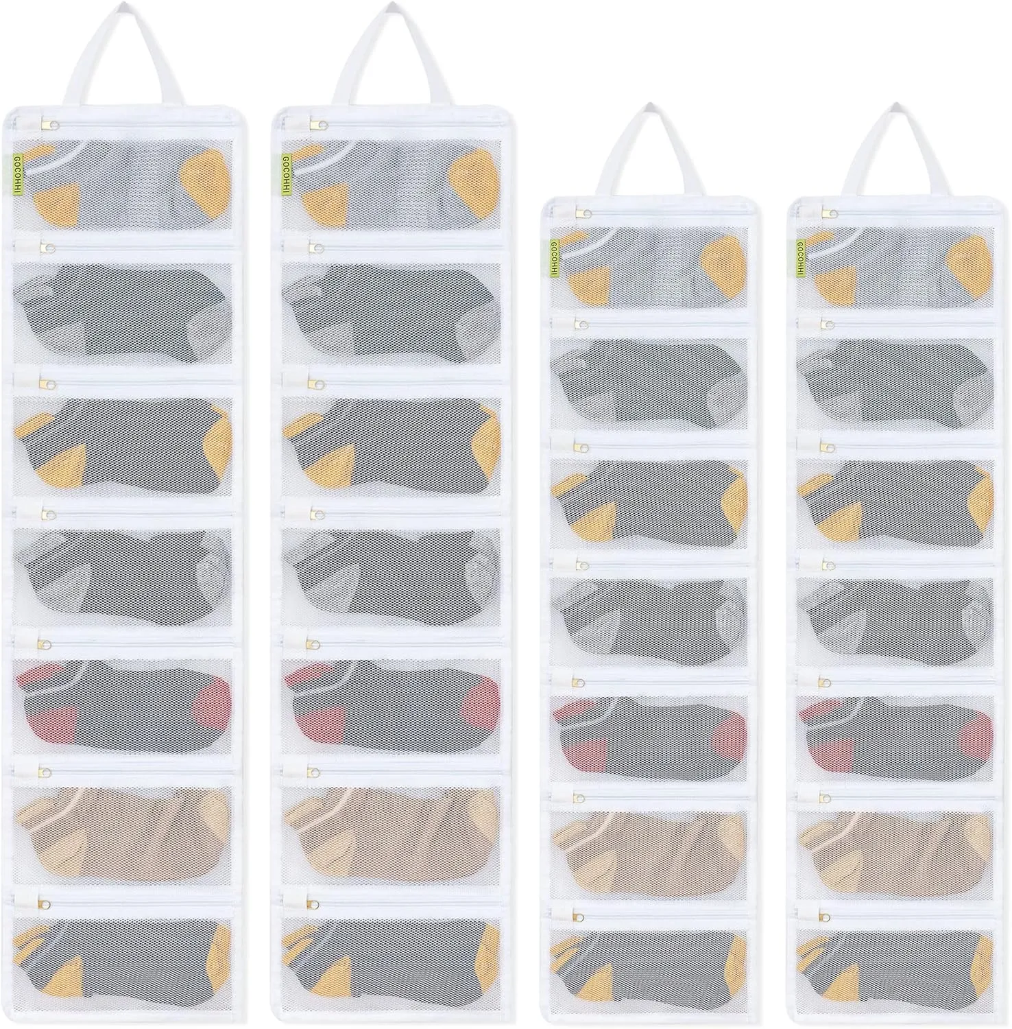 4 Pcs Sock Laundry Bag, Socks Organizer Mesh Bags for Washing Machine, Large Wash Bag Hanging for Stocking Socks, Travel Organizer for Adults & Children, 28 Pockets