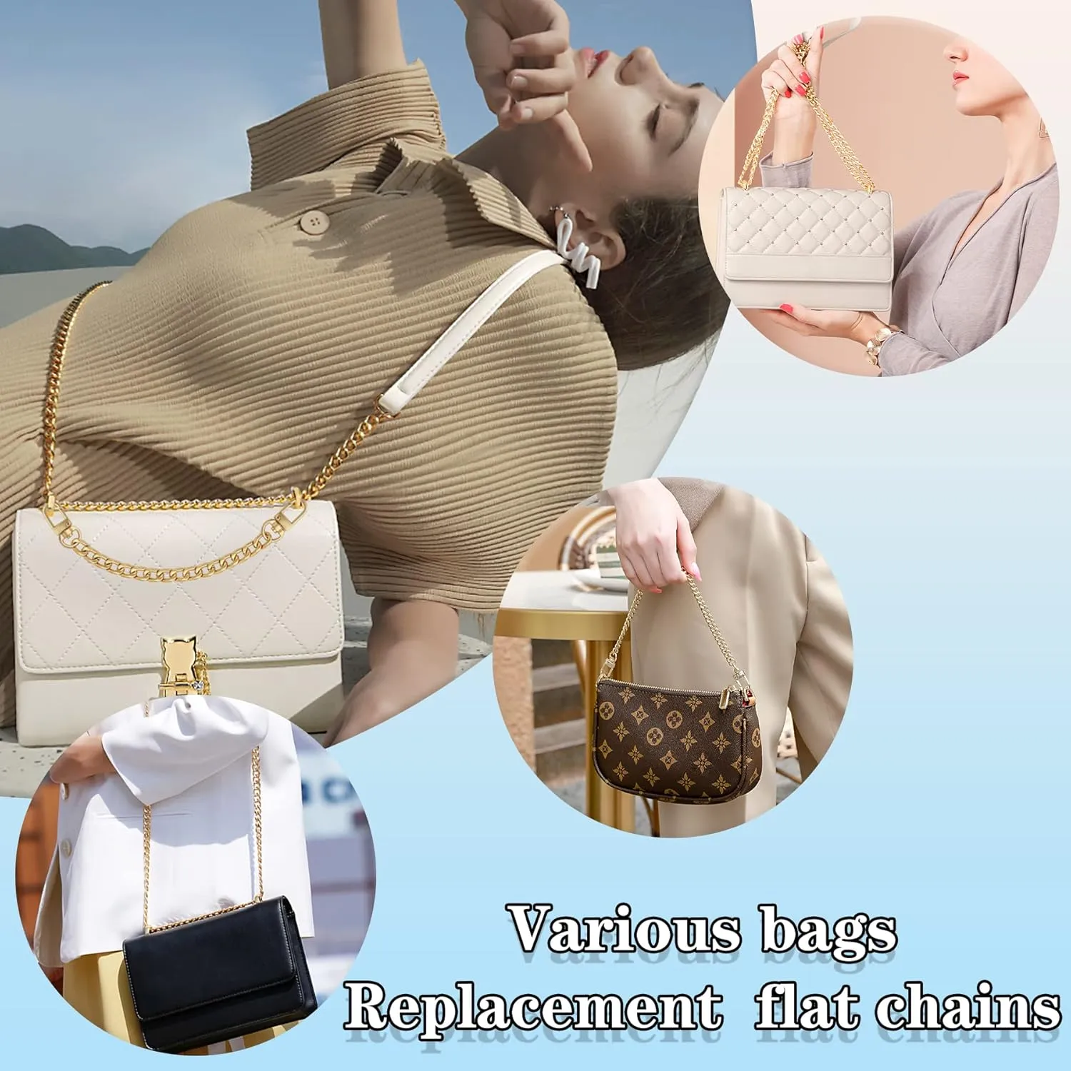 4 Sizes Flat Purse Chain Strap Crossbody Bag Replacement Strap with Metal Buckles(47.2/31.5/15.7/7.9 Inches, Gold)