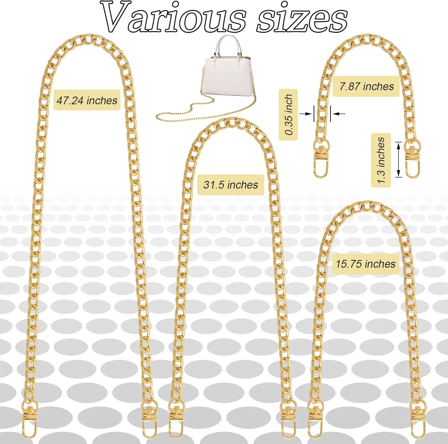 4 Sizes Flat Purse Chain Strap Crossbody Bag Replacement Strap with Metal Buckles(47.2/31.5/15.7/7.9 Inches, Gold)