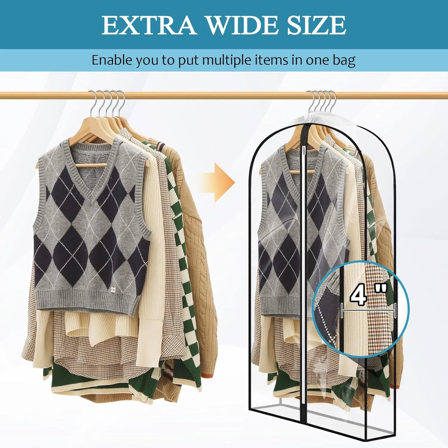 40" All Clear Garment Bags for Hanging Clothes, 4" Gusseted Suit Bags for Closet Storage, Plastic Garment Covers with Zipper for Coats, Jackets, Shirts, 4 Packs