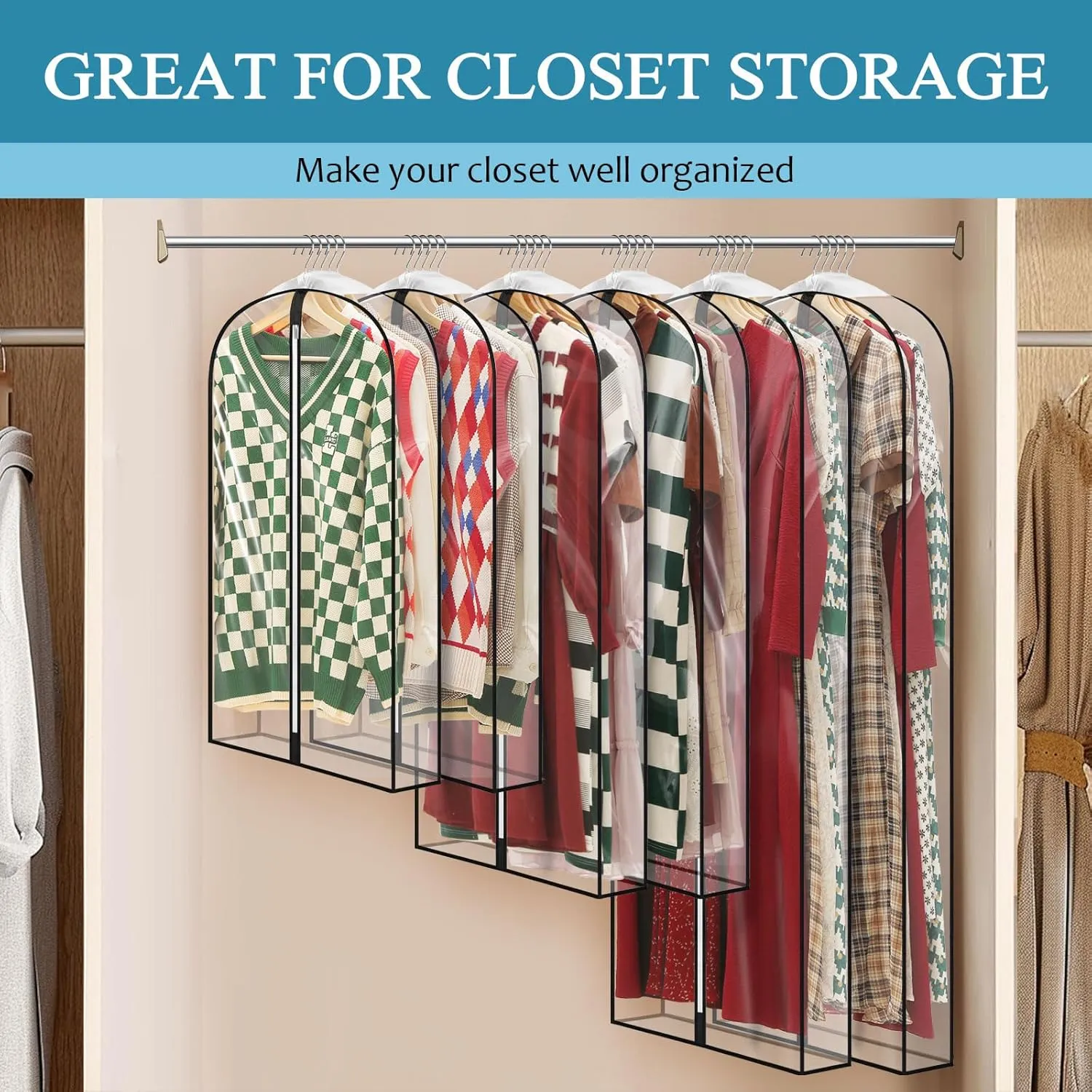 40" All Clear Garment Bags for Hanging Clothes, 4" Gusseted Suit Bags for Closet Storage, Plastic Garment Covers with Zipper for Coats, Jackets, Shirts, 4 Packs