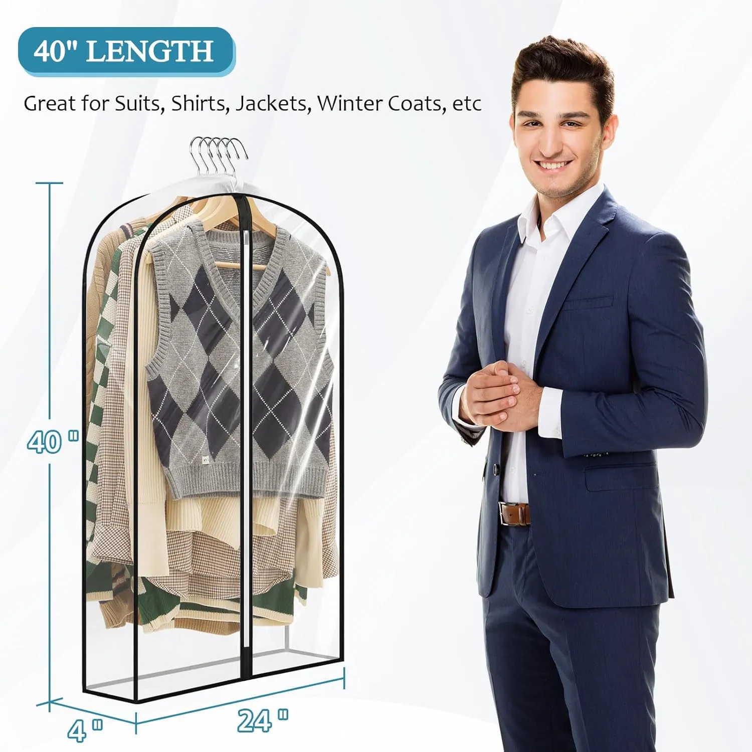 40" All Clear Garment Bags for Hanging Clothes, 4" Gusseted Suit Bags for Closet Storage, Plastic Garment Covers with Zipper for Coats, Jackets, Shirts, 4 Packs