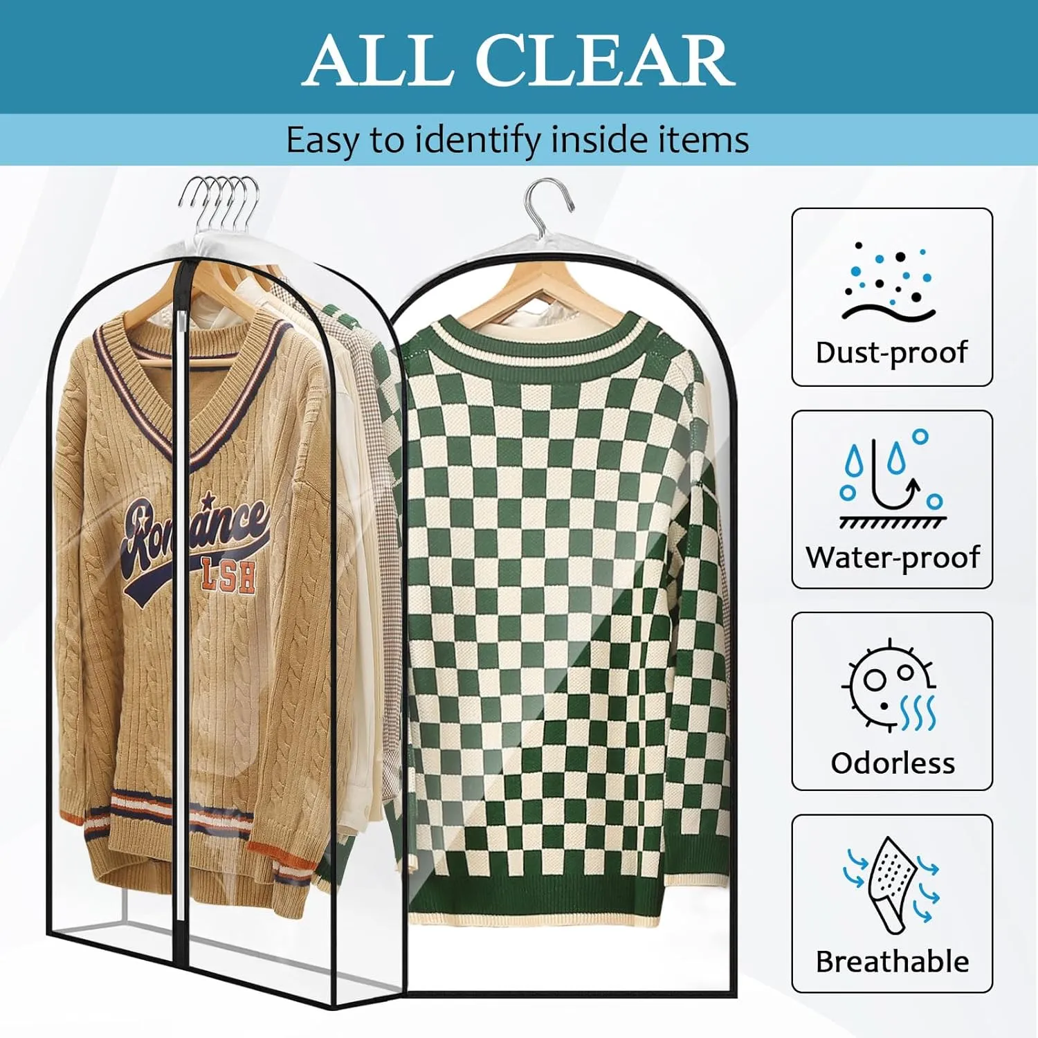 40" All Clear Garment Bags for Hanging Clothes, 4" Gusseted Suit Bags for Closet Storage, Plastic Garment Covers with Zipper for Coats, Jackets, Shirts, 4 Packs