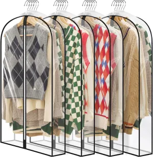 40" All Clear Garment Bags for Hanging Clothes, 4" Gusseted Suit Bags for Closet Storage, Plastic Garment Covers with Zipper for Coats, Jackets, Shirts, 4 Packs