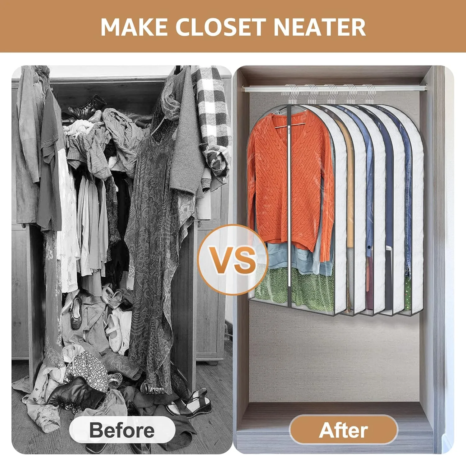 40" Garment Bags, Clear Clothes Covers with 4" Gussetes for Hanging Clothes Closet Storage, Breathable Protector for Suits Coat, Jacket, Sweater, Shirts, 5 Packs