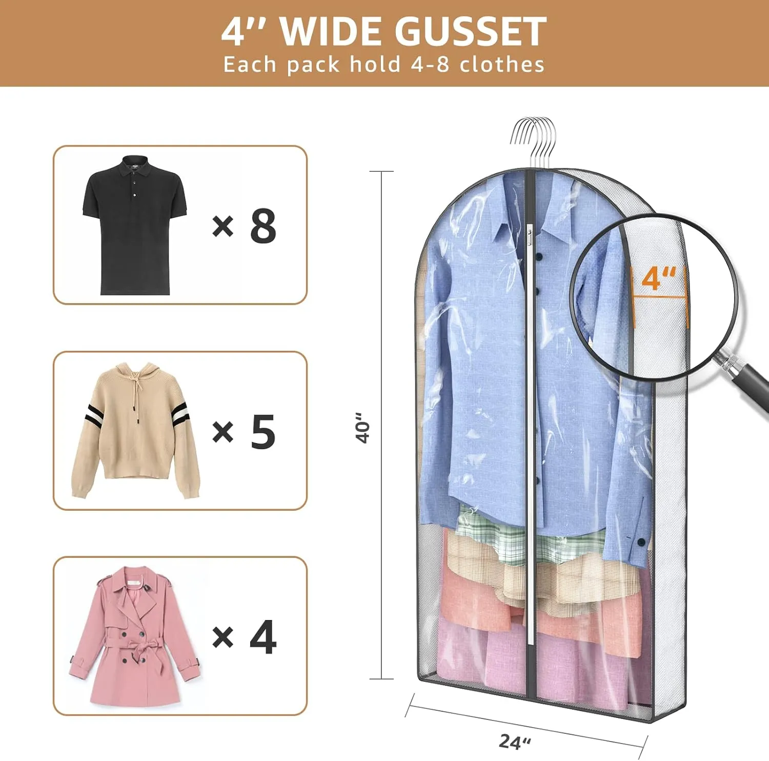 40" Garment Bags, Clear Clothes Covers with 4" Gussetes for Hanging Clothes Closet Storage, Breathable Protector for Suits Coat, Jacket, Sweater, Shirts, 5 Packs