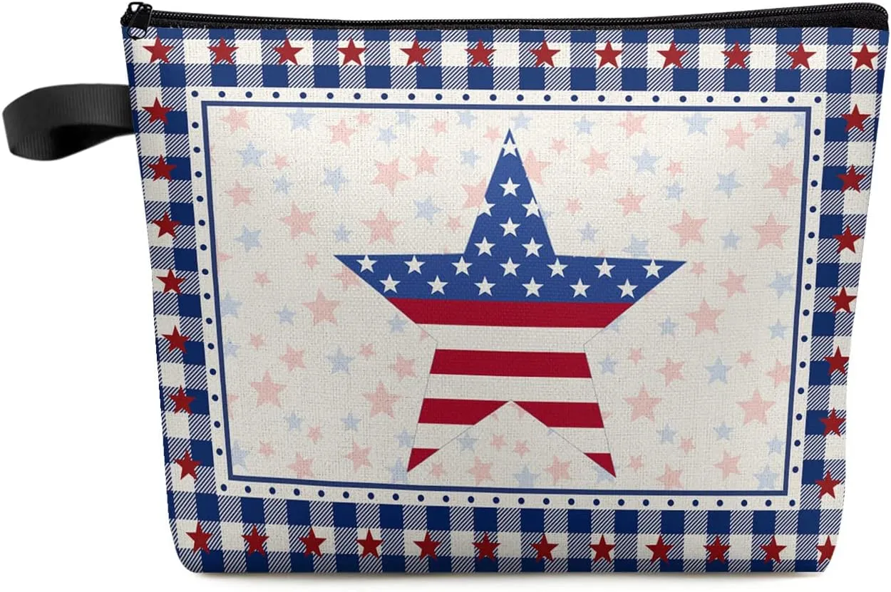 4th of July American Star Cosmetic Bags for Women, Independence Day Blue Plaid Small Makeup Bag for Purse, Waterproof Travel Toiletry Bag Accessories Organizer, 1PCS