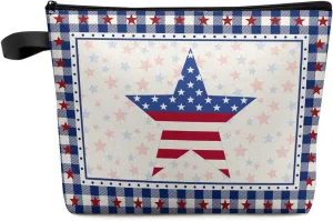 4th of July American Star Cosmetic Bags for Women, Independence Day Blue Plaid Small Makeup Bag for Purse, Waterproof Travel Toiletry Bag Accessories Organizer, 1PCS