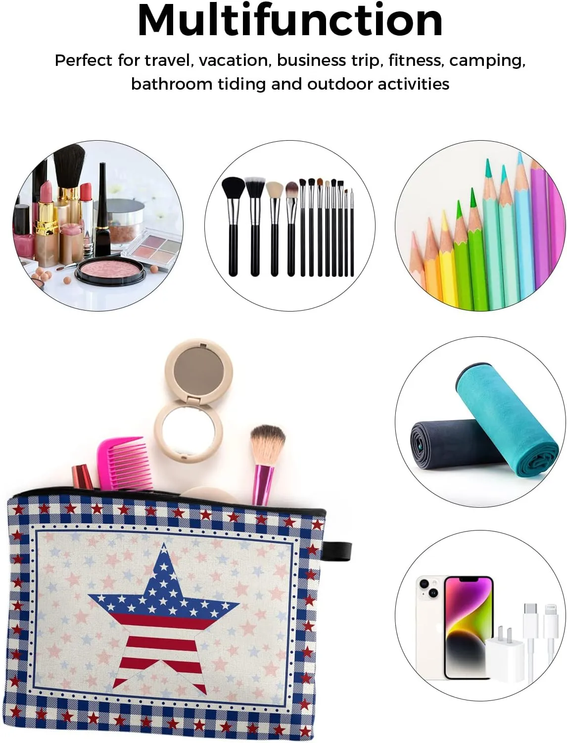 4th of July American Star Cosmetic Bags for Women, Independence Day Blue Plaid Small Makeup Bag for Purse, Waterproof Travel Toiletry Bag Accessories Organizer, 1PCS