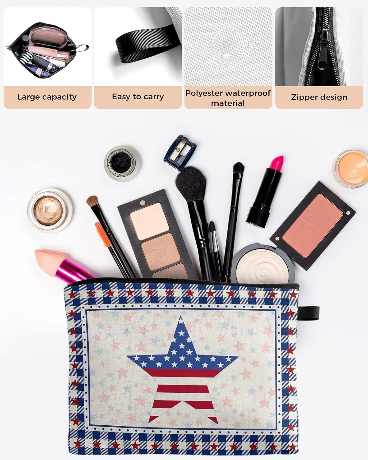 4th of July American Star Cosmetic Bags for Women, Independence Day Blue Plaid Small Makeup Bag for Purse, Waterproof Travel Toiletry Bag Accessories Organizer, 1PCS