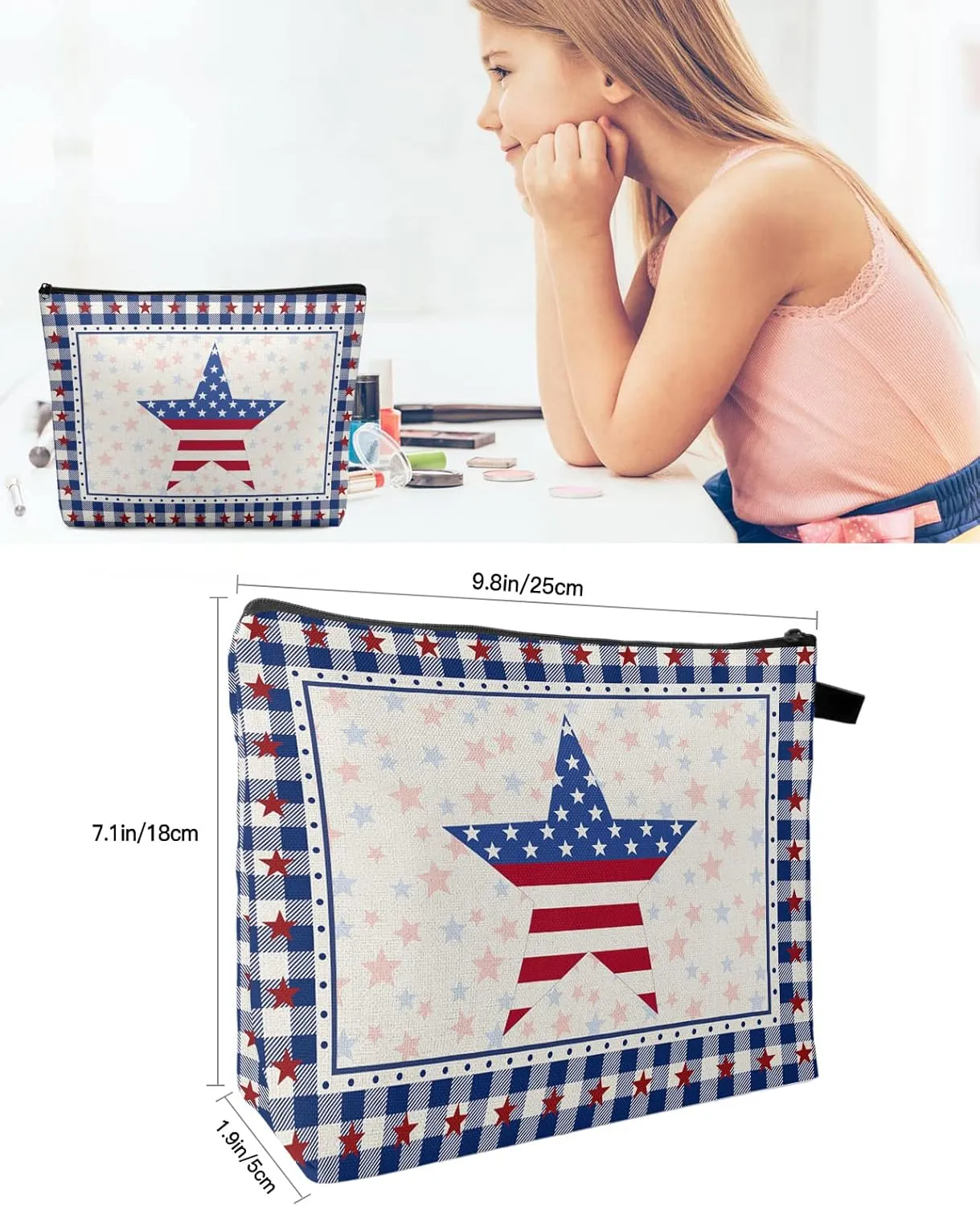 4th of July American Star Cosmetic Bags for Women, Independence Day Blue Plaid Small Makeup Bag for Purse, Waterproof Travel Toiletry Bag Accessories Organizer, 1PCS