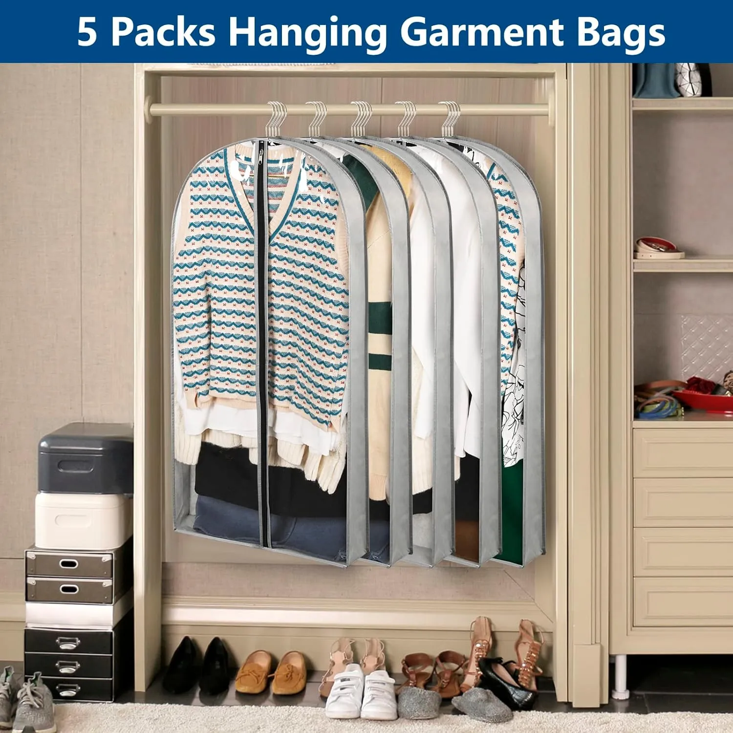 5 Pack 40" Garment Bags for Hanging Clothes Storage, Clear Moth Proof Suits Covers with 4" Gussets for Closet Storage Travel, Plastic Protector for Coat, Jacket, Sweater, Shirts