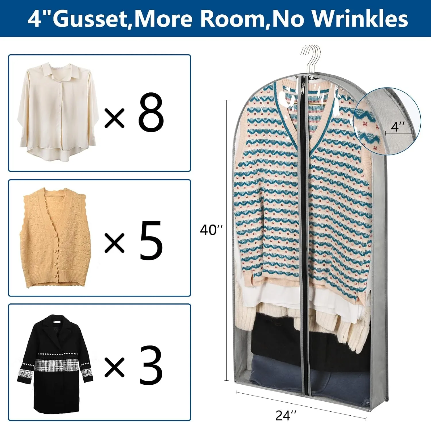 5 Pack 40" Garment Bags for Hanging Clothes Storage, Clear Moth Proof Suits Covers with 4" Gussets for Closet Storage Travel, Plastic Protector for Coat, Jacket, Sweater, Shirts