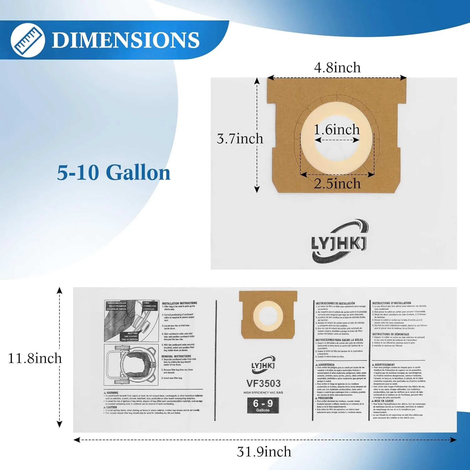 5 Pack Rigid VF3503 Shop Vac Bags For Ridgid 5-10 Gallon Wet Dry Vacuums, Ridgid Vacuum Bags Replacement for WD5500, VAC5000, WD0670, WD6425, HD0918, WD0970, WD0975, WD1060, 50328/1000RV, WD10220