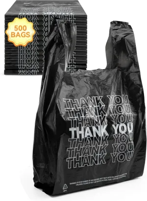 500 Count Thank You Plastic Bags, 12" x 6" x 22", 15 Mic Black Grocery Bags with Handles, Ideal for Restaurants, Retail, Grocery Stores, Takeout, Convenience Stores