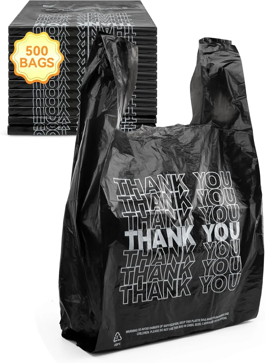 500 Count Thank You Plastic Bags, 12" x 6" x 22", 15 Mic Black Grocery Bags with Handles, Ideal for Restaurants, Retail, Grocery Stores, Takeout, Convenience Stores