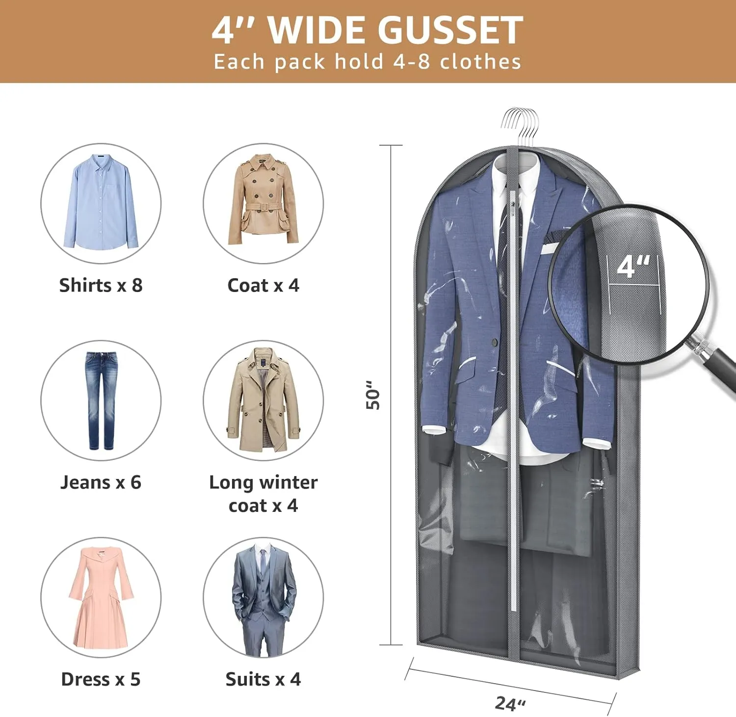 50" Garment Bags, Clear Plastic Clothes Coveres with 4" Gussetes for Hanging Clothes Closet Storage, Breathable Protector for Long Coat, Jacket, Sweater, Shirts, Suits, 3 Packs